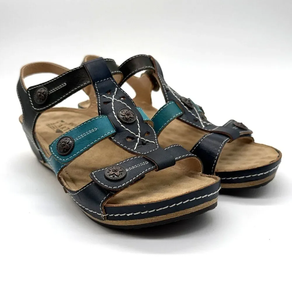 L'Artiste by Spring Step MELISSA Navy/Teal Leather Wedge Sandal Wm US 7.5 & EU38